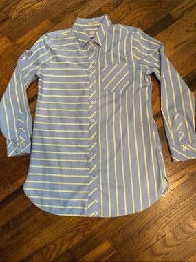 Chico's Light Blue and Yellow Striped Button-Down Shirt